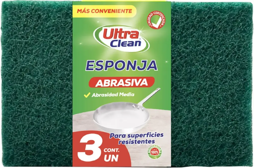 Esponja abrasiva verde 15x10x0.8 cm pack 3 uds. ULTRA CLEAN embalaje x 80 packs.