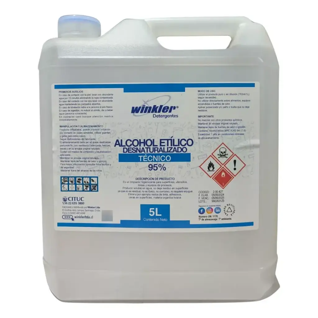 Alcohol etilico al 95% desnaturalizado desinfectante de superficies 5 litros WINKLER 