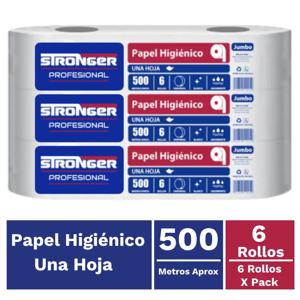 Papel higiénico jumbo una hoja pack 6x500 m STRONGER