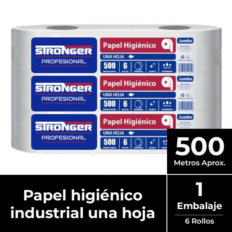 Papel higiénico jumbo una hoja pack 6x500 m STRONGER
