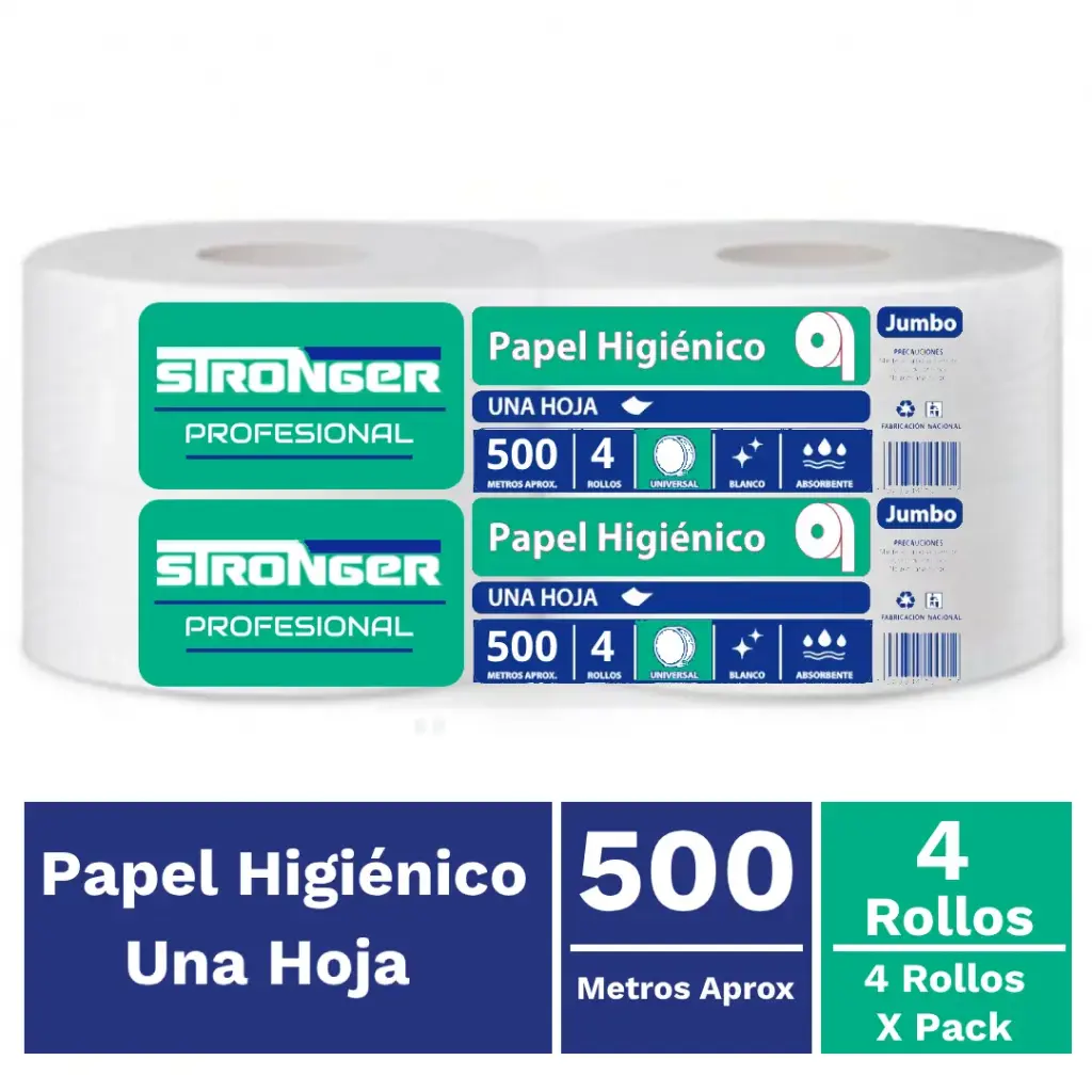 Papel higiénico jumbo una hoja pack 4x500 m STRONGER