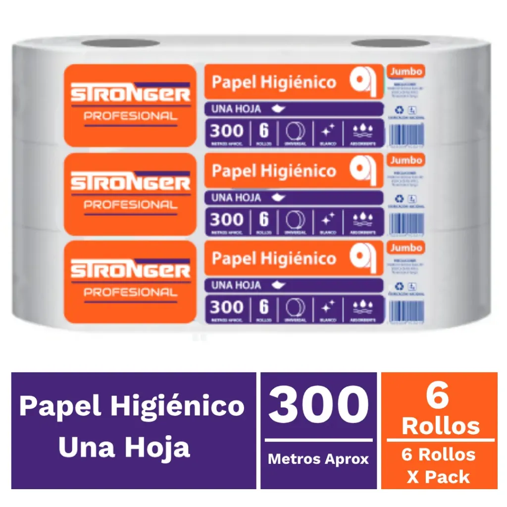 Papel higiénico jumbo una hoja pack 6x300 m STRONGER