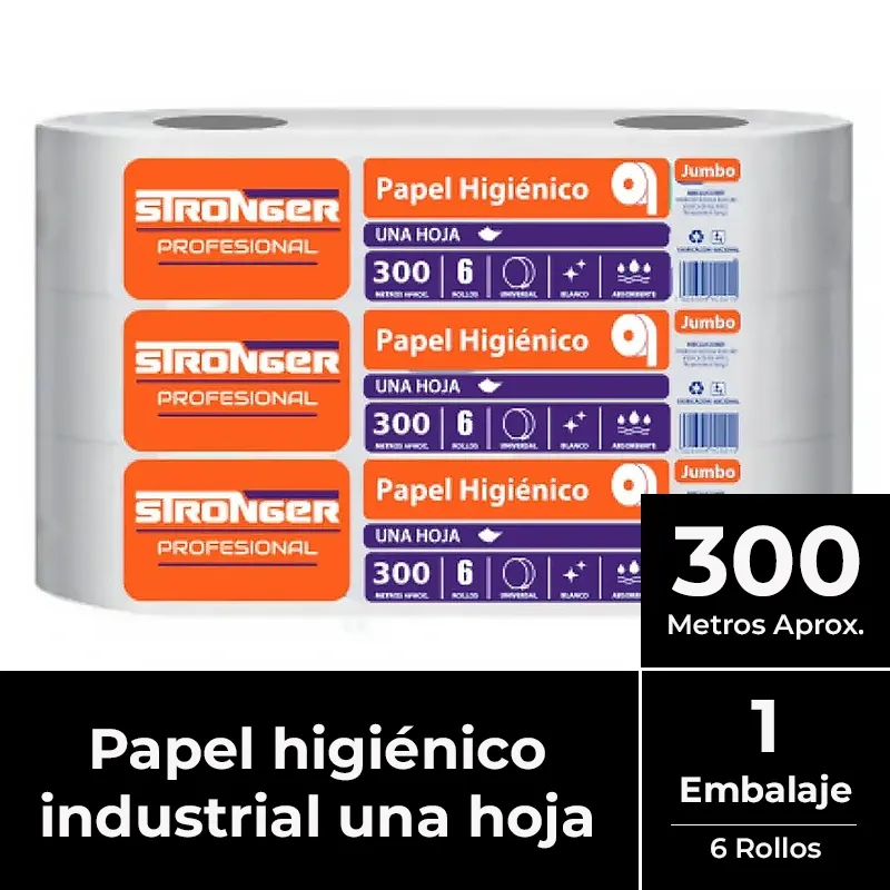 [PAPHIGJUM040] Papel higiénico jumbo una hoja pack 6x300 m STRONGER