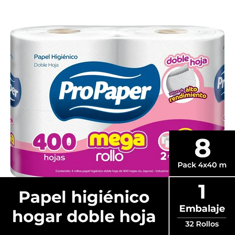 [PAPHIGDH016] Papel higiénico doble hoja mega rollo MANGA 8 pack 4x40 m PROPAPER