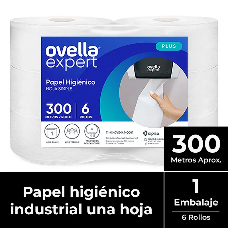[PAPHIGJUM020] Papel higiénico jumbo una hoja pack 6x300 m OVELLA