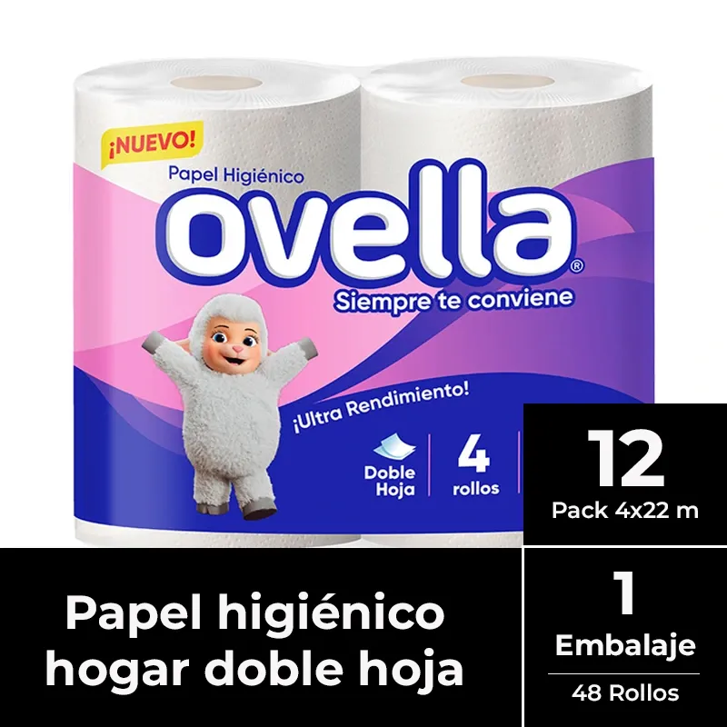 [PAPHIGDH025] Papel higiénico doble hoja Ovella MANGA 12 pack 4x22 m