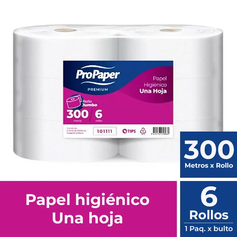 Papel higiénico jumbo ProPaper una hoja pack 6x300 m
