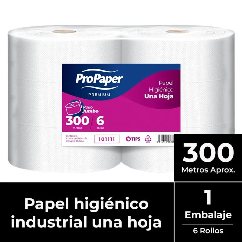[PAPHIGJUM005] Papel higiénico jumbo una hoja pack 6x300 m PROPAPER