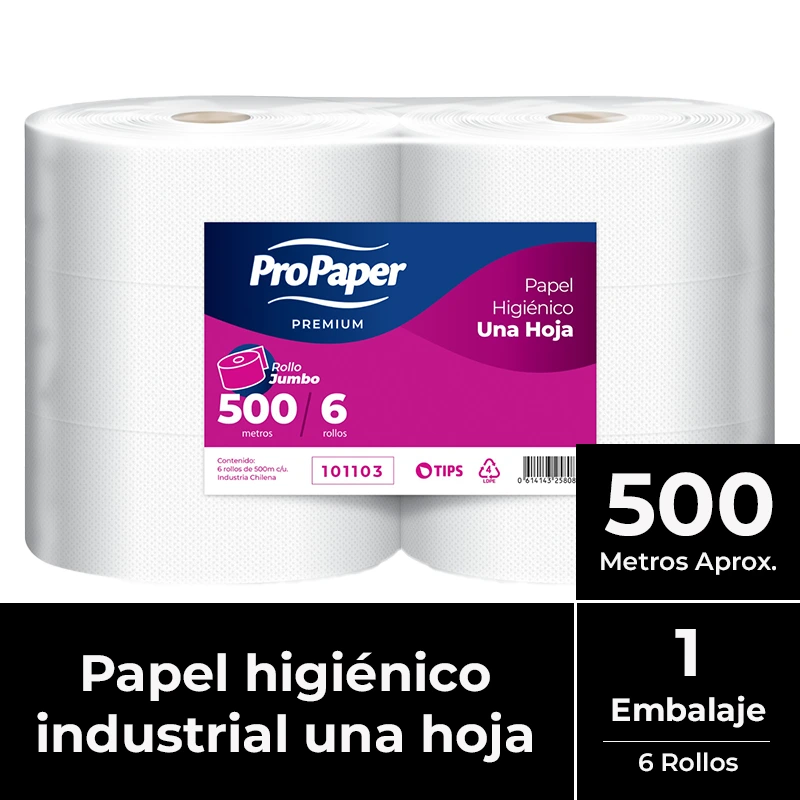 [PAPHIGJUM010] Papel higiénico jumbo una hoja pack 6x500 m PROPAPER