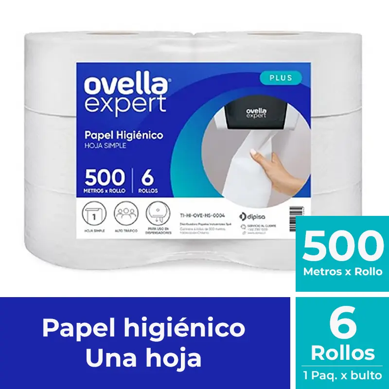 Papel higiénico jumbo Ovella una hoja pack 6x500 m