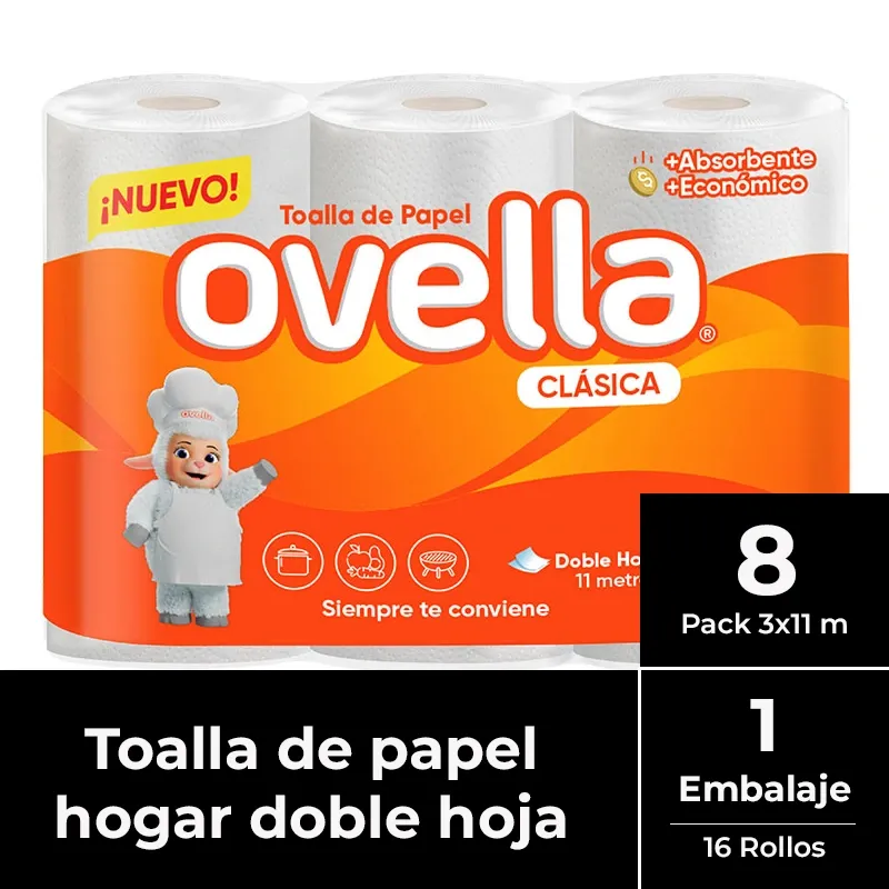 [PAPTOADH006] Toalla de papel doble hoja Ovella MANGA 8 pack 3x11 m