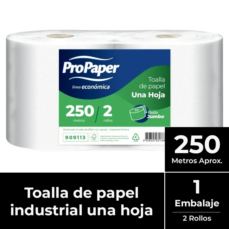 Toalla de papel una hoja pack 2x250 m PROPAPER