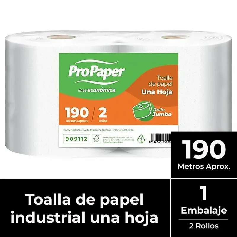 Toalla de papel una hoja pack 2x190 m PROPAPER