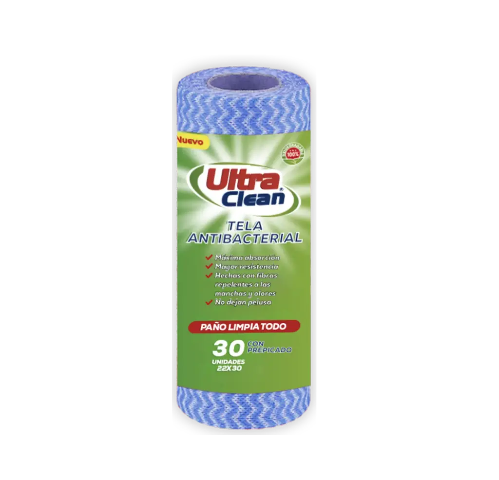 Paño tela antibacterial 20x30 cm Ultra Clean rollo prepicado 30 un.