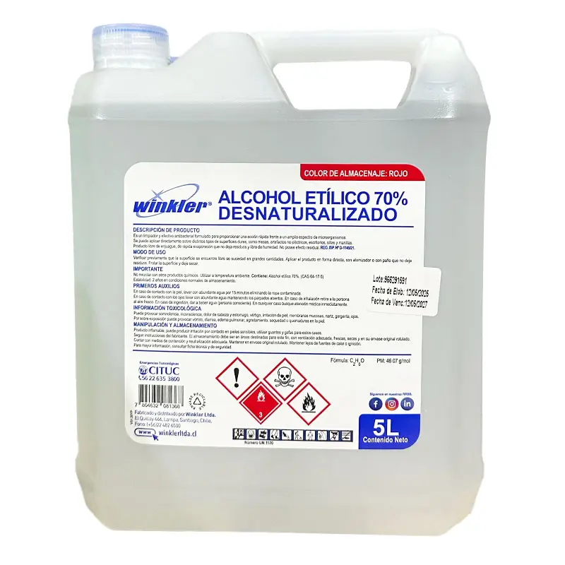 Alcohol etilico 70% desnaturalizado WINKLER 5 litros EMBALAJE x 4 uds.