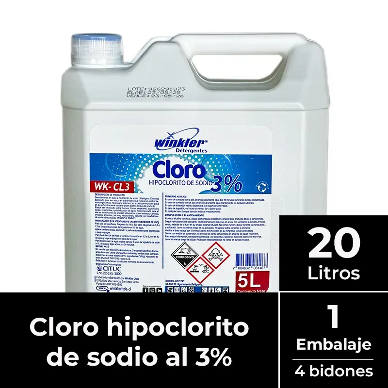 [LIQCLOHIP006] Cloro al 3% hipoclorito sodio 5 litros EMBALAJE x 4 uds. WK-CL3 WINKLER