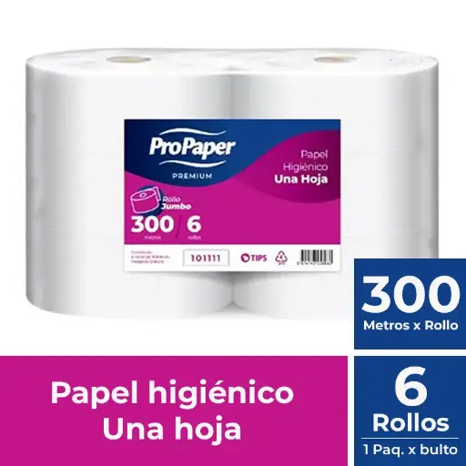 [PAPHIGJUM005] Papel higiénico jumbo una hoja pack 6x300 m PROPAPER