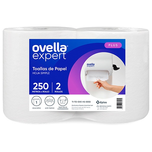 [PAPTOAJUM020] Toalla de papel una hoja pack 2x250 m OVELLA