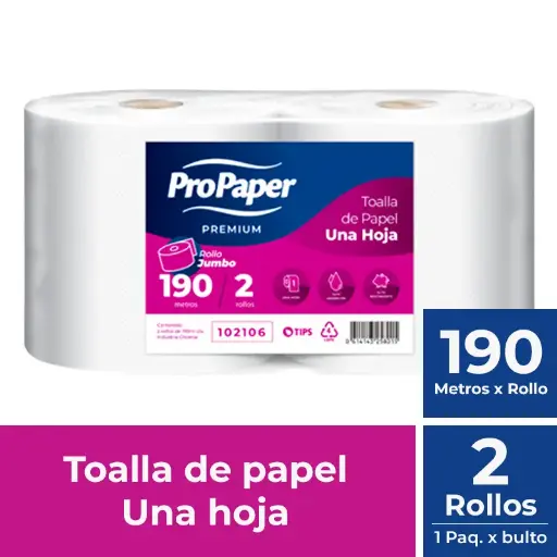 [PAPTOAJUM015] Toalla de papel una hoja pack 2x190 m PROPAPER
