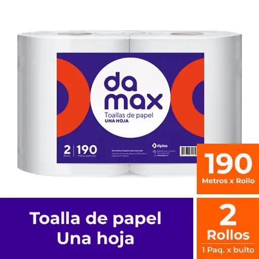 [PAPTOAJUM040] Toalla de papel una hoja Damax pack 2x190 m 