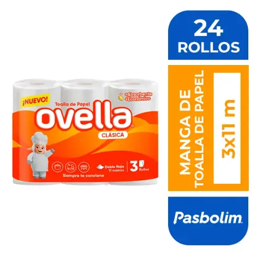 [PAPTOADH006] Toalla de papel doble hoja Ovella manga 8 pack 3x11 m 