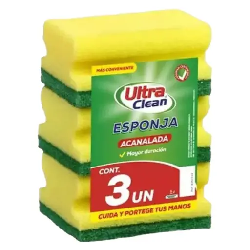 [ARTASEVAR026] Esponja acanalada amarilla verde pack 3 uds.  ULTRA CLEAN 