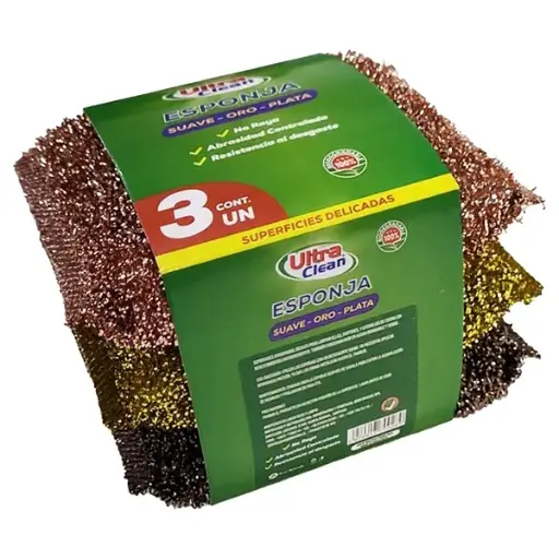 [ARTESAVAR358] Esponja suave oro plata pack 3 uds. ULTRA CLEAN embalaje x 100 packs.